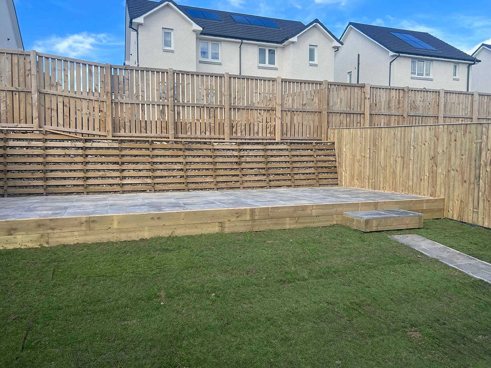 Newly laid patio with wooden fencing and fresh lawn