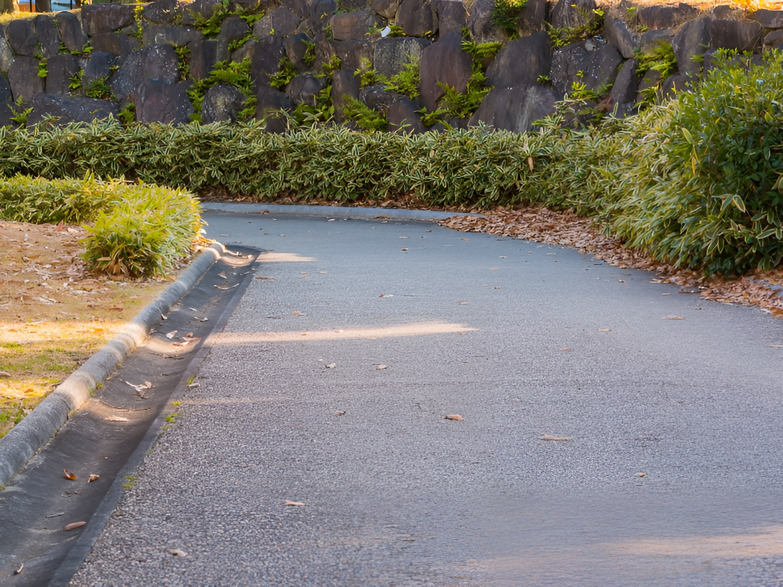 Curved asphalt pathway bordered by landscaped shrubs and stone walls