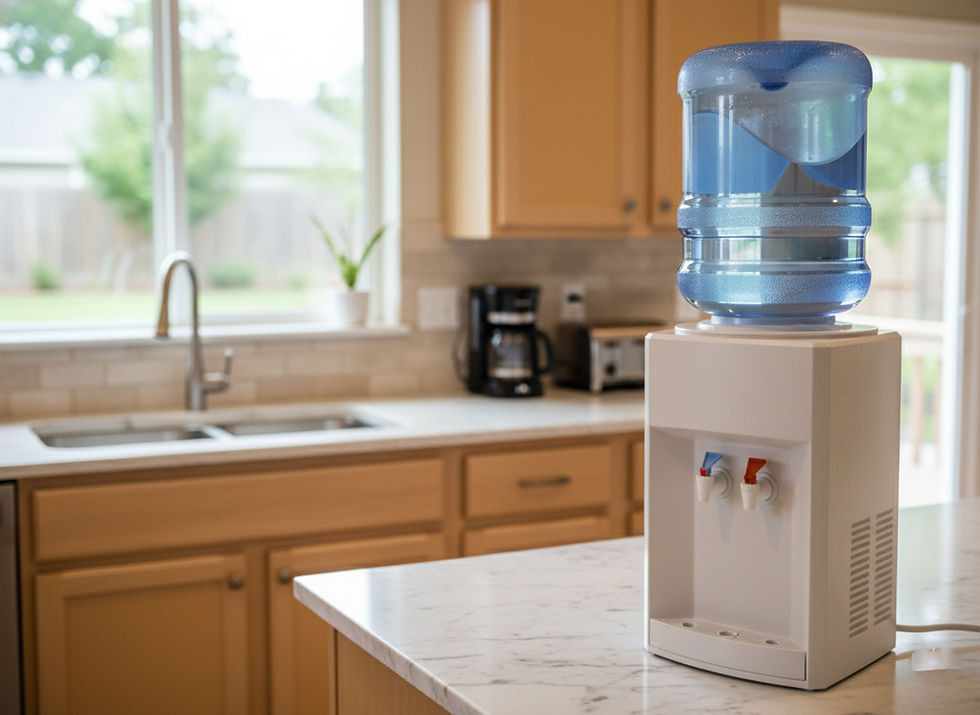 A water cooler with blue and red taps sits on a marble countertop in a bright kitchen