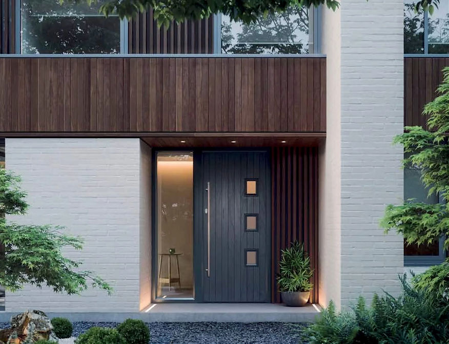 Modern home exterior with a blend of wood and white brick, featuring a sleek entrance door