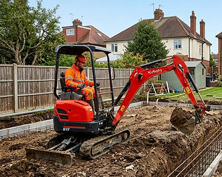 Contractor operating red Kubota mini excavator for residential garden foundation work UK