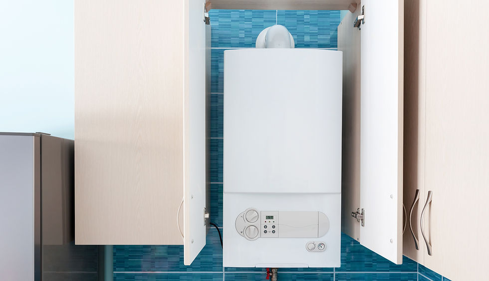 White gas boiler mounted in wall cupboard