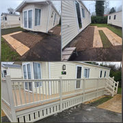 Before and after of static caravan grounds showing newly laid paving slabs and white uPVC decking installation