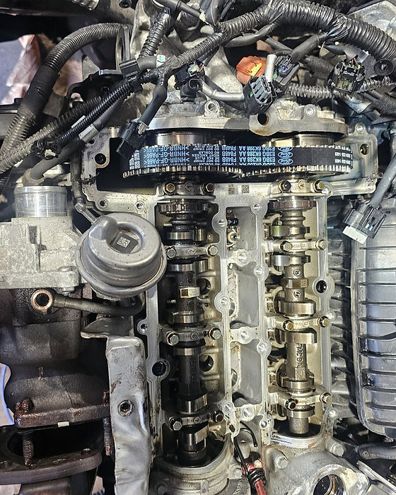 Close up view of a dismantled car engine showcasing the wet belt system and camshaft assembly