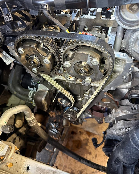 Close-up of car engine timing gears with a wet belt and mechanical components during an inspection