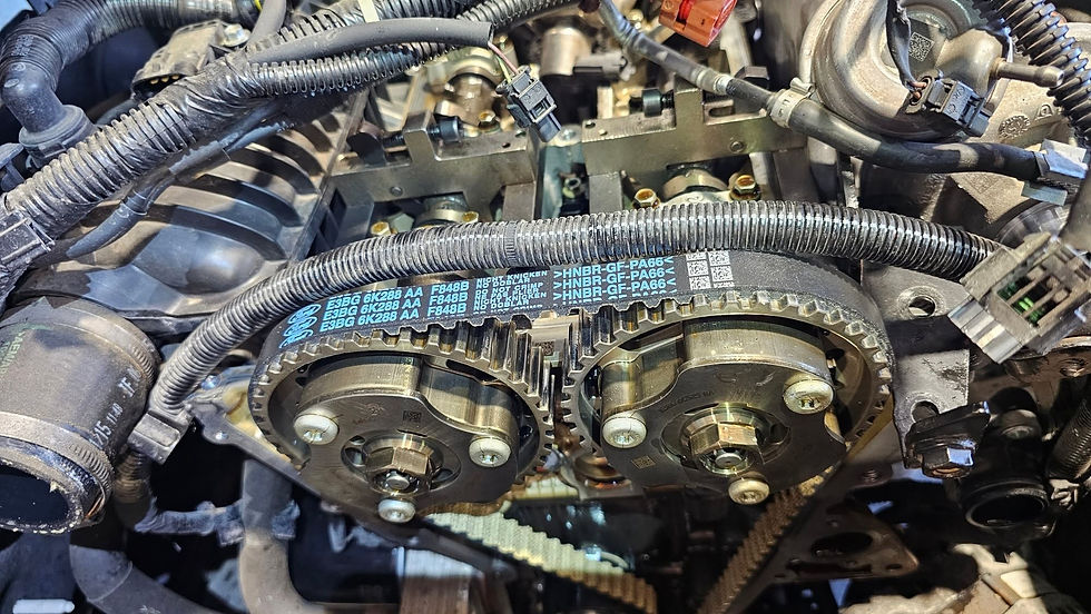 Close up of a black textured wet belt fitted over metallic camshaft gears inside an open car engine bay