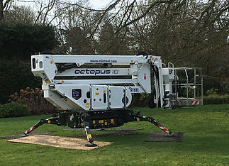 A white articulated boom lift labeled "Octopus 18" on grass in a park