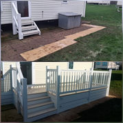 Before and after showing old steps replaced with modern grey uPVC decking and access steps on a static caravan