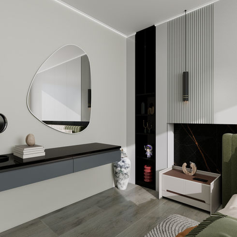 Rodinný dom – KCS interiérový dizajn, moderný návrh interiéru, bytový dizajn, 3D vizualizácie, dispozičné riešenie, návrh nábytku na mieru, technické riešenia interiéru, funkčné úložné priestory, spálňa so šatníkom, čalúnené čelo postele, elegantná kúpeľňa s voľne stojacou vaňou, čierna sanita a armatúry, otvorené police, minimalistické úložné riešenia, svetlé a tmavé akcenty, perforovaný panel, harmonický a prehľadný interiér, komfortný rodinný dom, nadčasový dizajn interiéru.