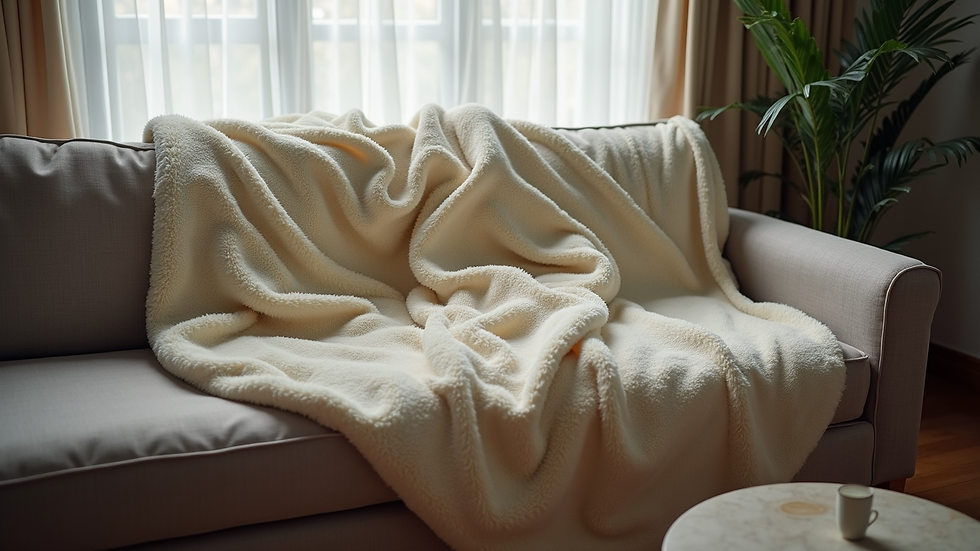 High-angle view of a customized photo blanket laid over a couch