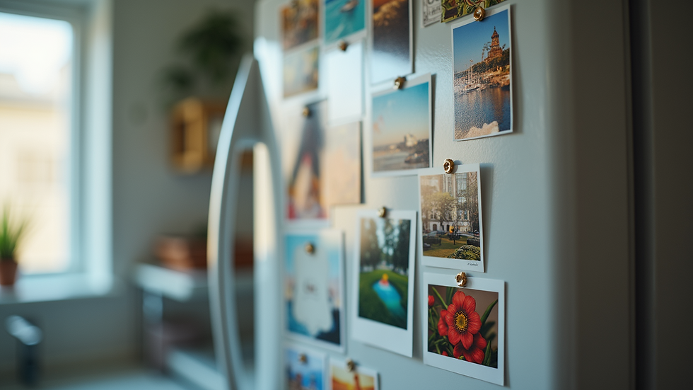 Close-up view of colorful photo magnets on a refrigerator