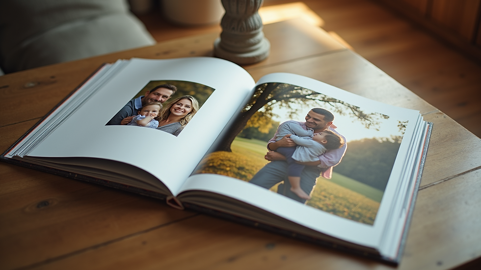 High angle view of a vibrant photo book showcasing family memories