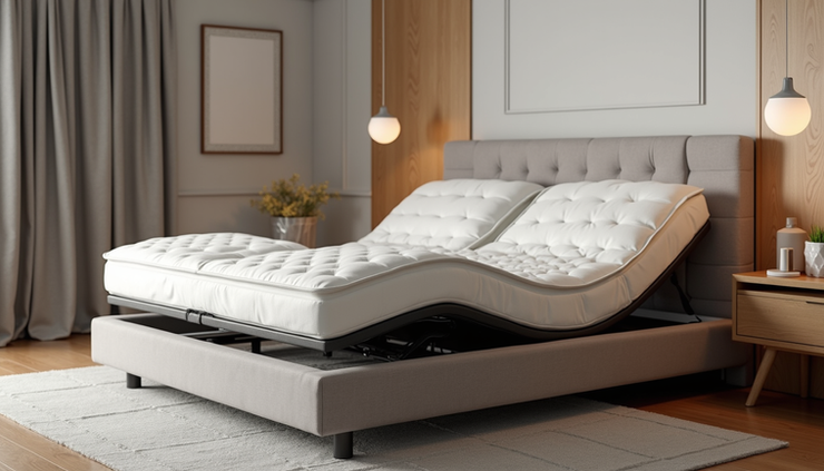 Eye-level view of an adjustable bed with the head section raised in a modern bedroom