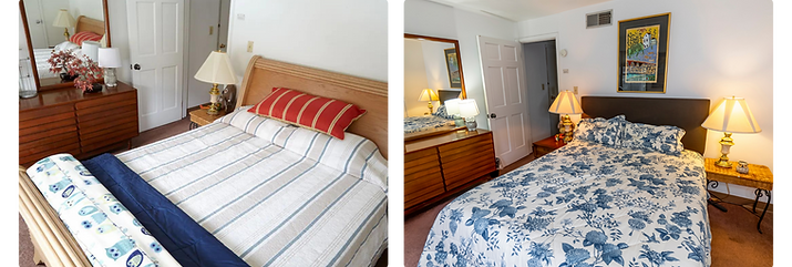 Before-and-after photos of an Airbnb listing, emphasizing enhanced lighting, staging, and angles in the final shots.