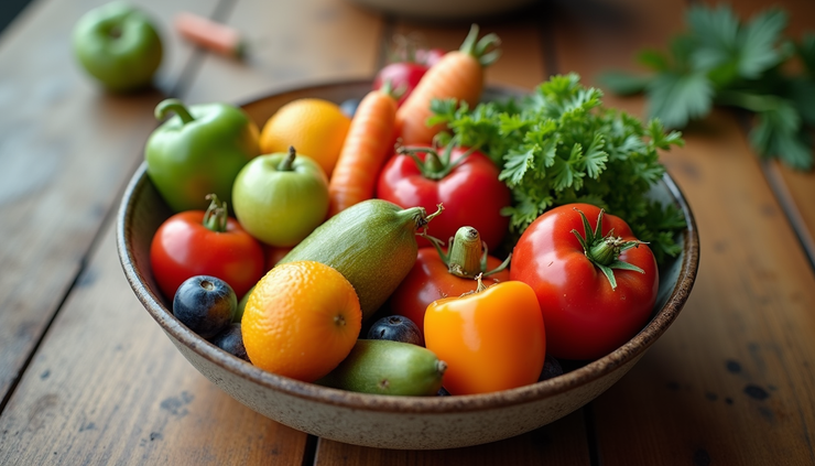 High angle view of a colourful bowl of fresh fruits and vegetables on a wooden table
