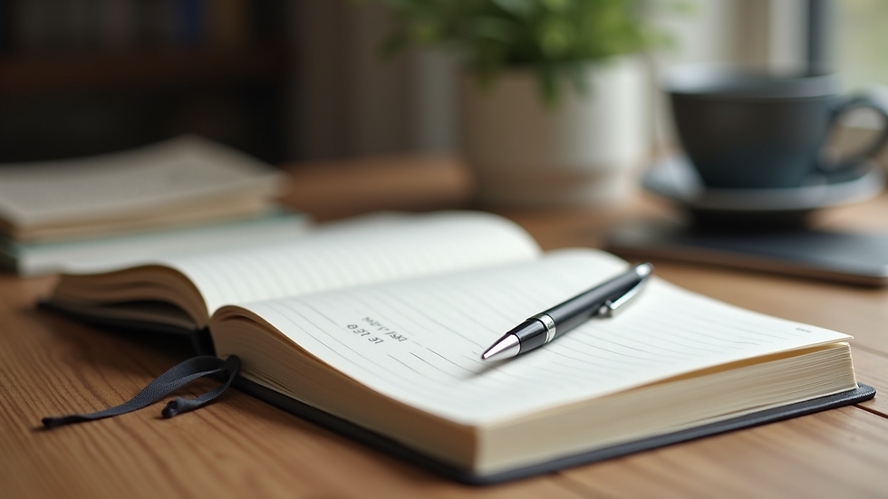 Close-up view of a journal and pen on a wooden table