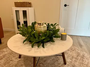 Peaceful memorial display inside cremation facility