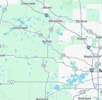 Map highlighting All Terrain Landscaping’s service areas across Wright County and the West Metro, including Delano, Buffalo, Plymouth, Minnetonka, and surrounding Minnesota cities