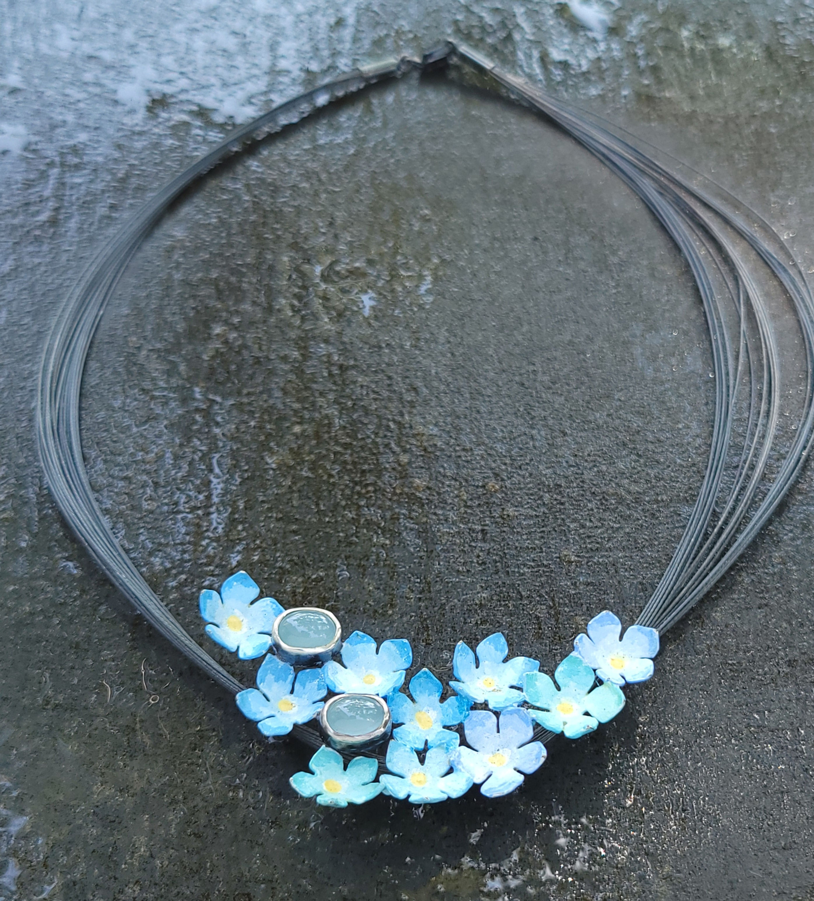 Nemophila and Aquamarine Bouquet Necklace