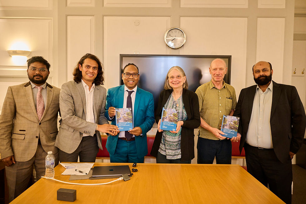 l-r) Aruna Mahananda, PhD Scholar in Criminology at the University of Essex, Asang Wankhede, D.Phil. candidate in Law at Oxford University and Associate Editor of the Oxford University Commonwealth Law Journal, Dr Dhaneswar Bhoi, LSST Lecturer in Social Psychology, Professor Eleanor Nesbitt, Emeritus Professor at the University of Warwick, Professor Jens Lerche, Emeritus Professor at SOAS, University of London and Syed Rizvi, Academic Dean of LSST Elephant and Castle and Dean of Learning & Teaching. Photo: LSST
