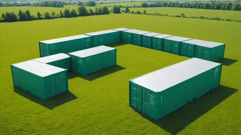 Wide angle view of a vibrant green field featuring modular container offices