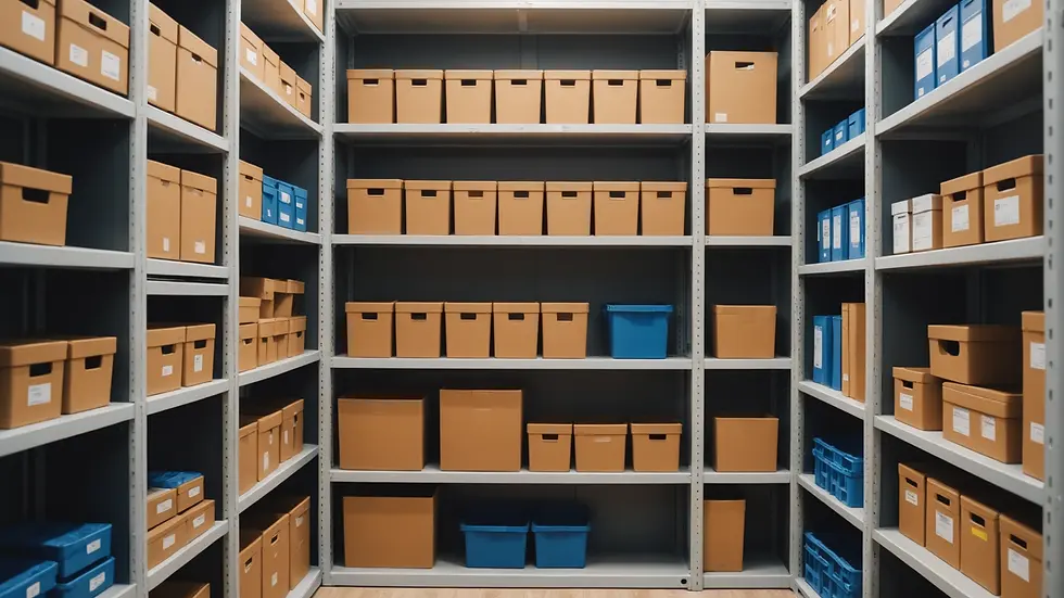 Close-up view of organized shelving in a container office