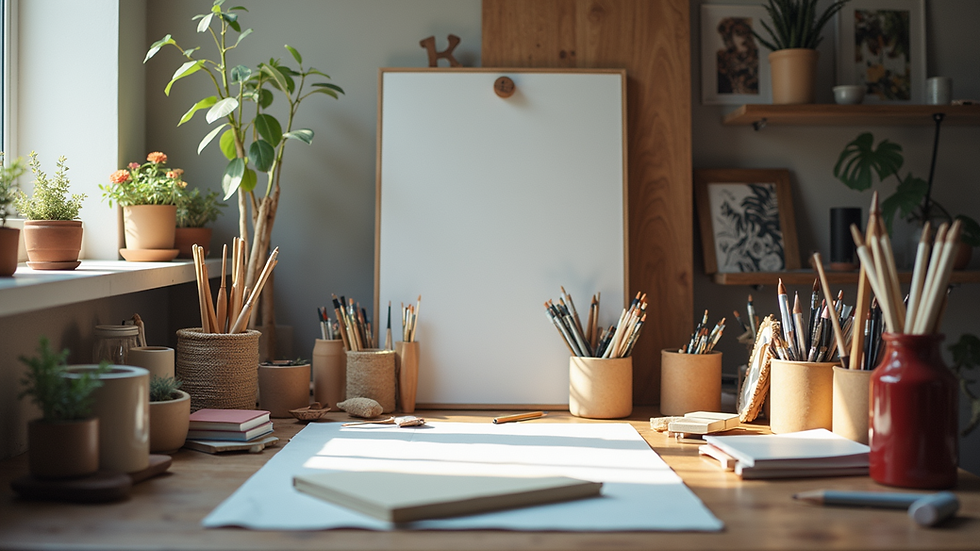 Eye-level view of a well-organized art studio with neatly arranged supplies