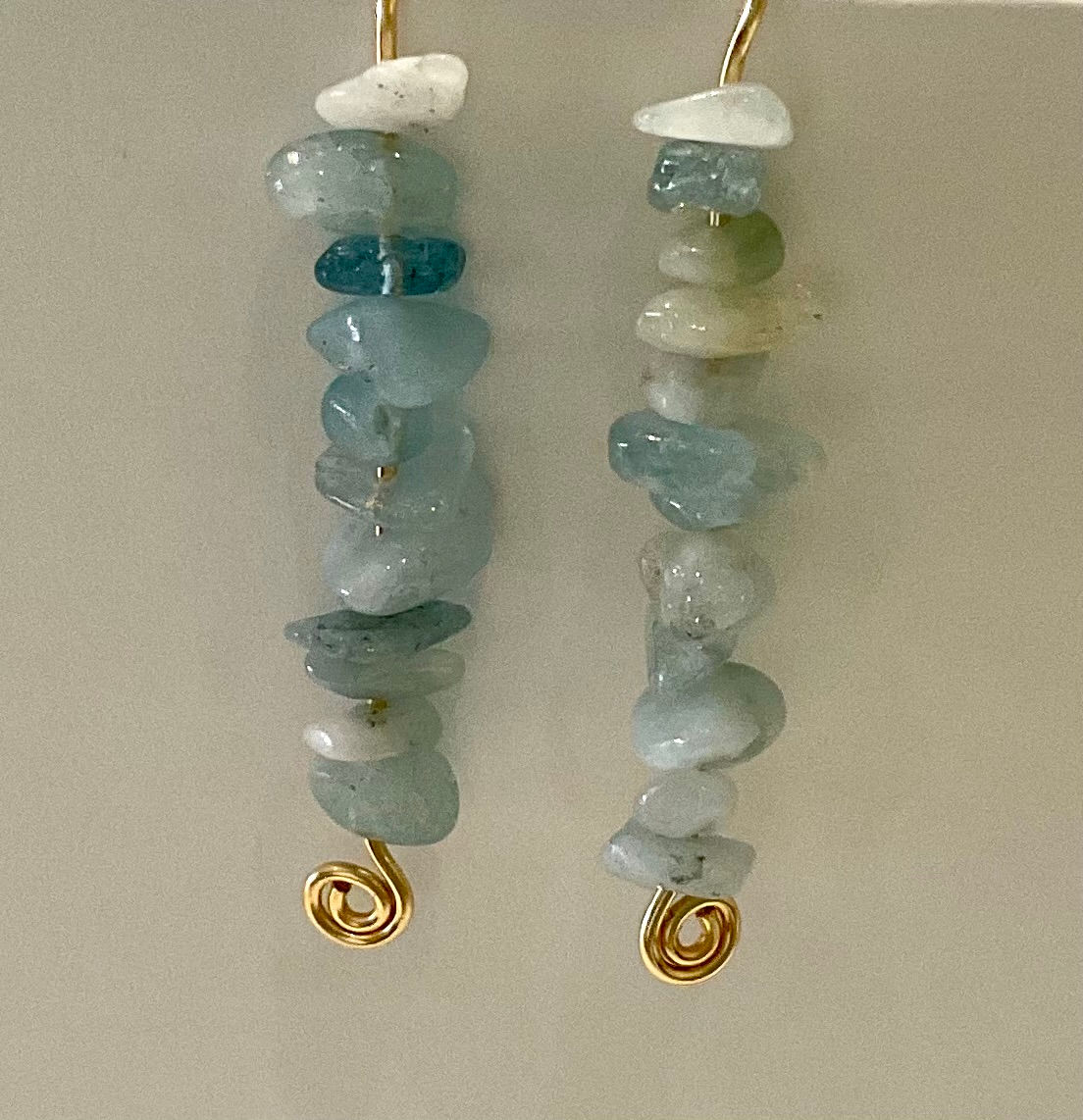 Crawler earrings with Aquamarine chips on gold wire from WildGeraniumJewelry.com