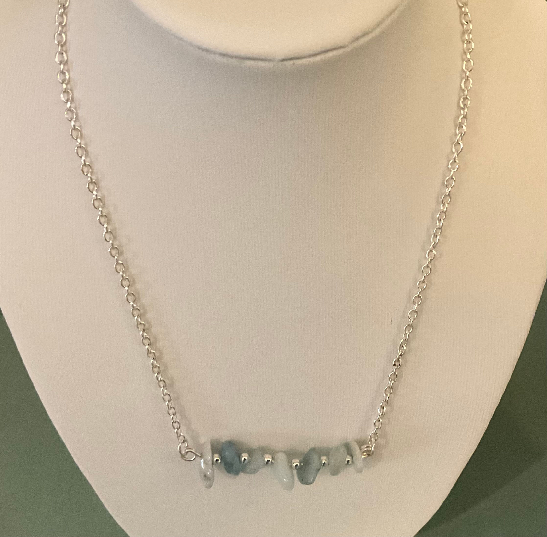 Gem Chip bar necklace with Aquamarine chips on silver Infinity chain from WildGeraniumJewelry.com