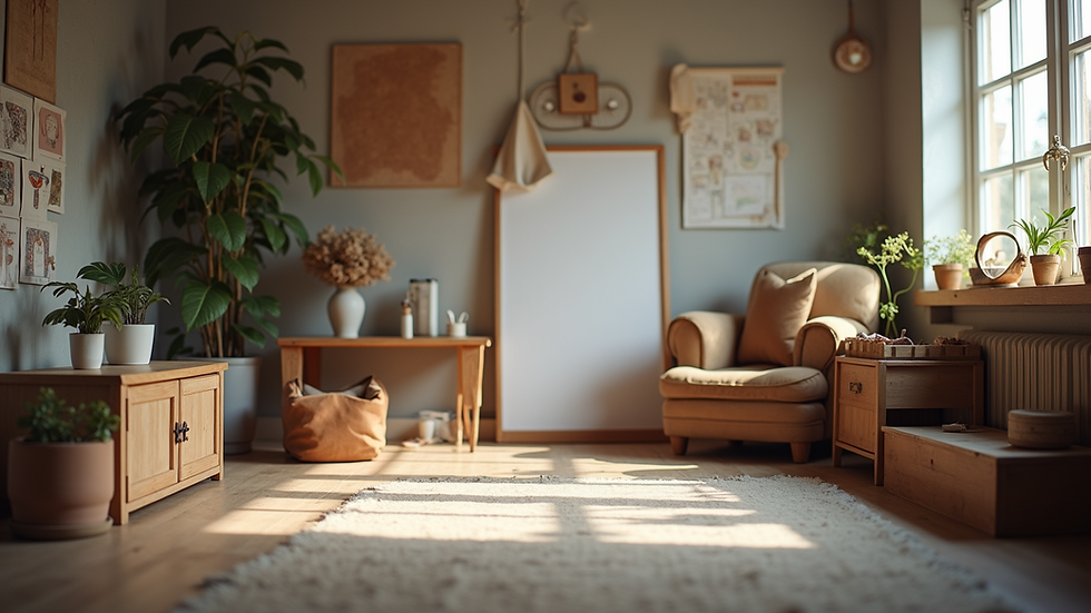 Eye-level view of a cozy studio space filled with creative materials