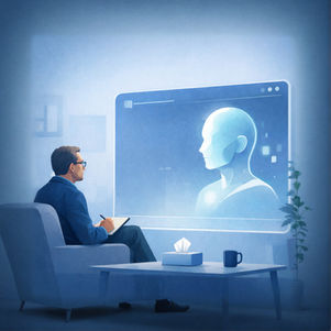 Therapist taking notes while interacting with a human-like AI on a screen