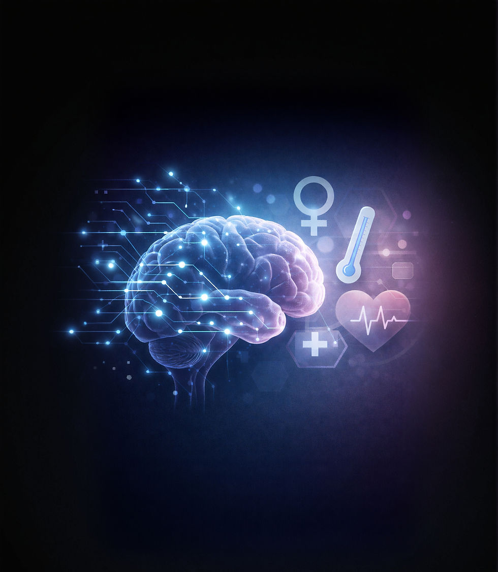 AI-driven brain network with medical icons representing analysis of patient-reported drug effects