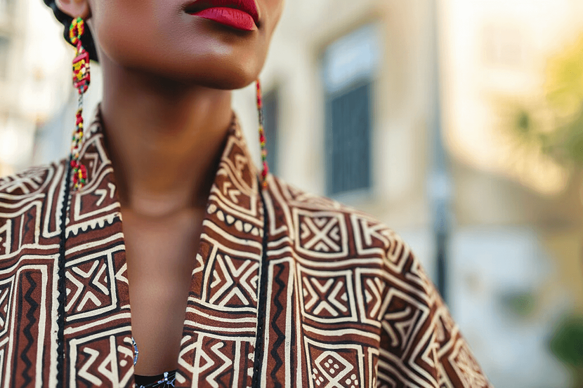 Élégante femme noire portant des boucles d'oreilles et un manteau en bogolan.