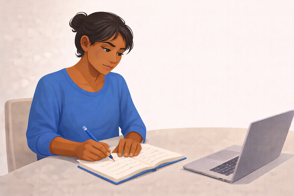 Illustration of a person studying English and writing example sentences in a notebook beside a laptop.
