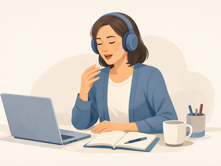 Illustration of an English learner sitting at a desk and practising speaking during an online lesson.