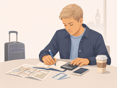Illustration of an English learner planning how to save money in the UK, with notes, a map, and a calculator on a café table.
