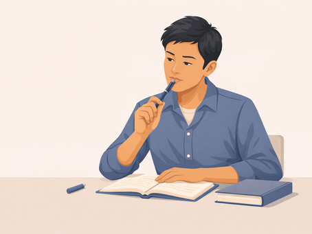 An adult English learner pausing thoughtfully while reviewing notes in an open notebook at a desk.