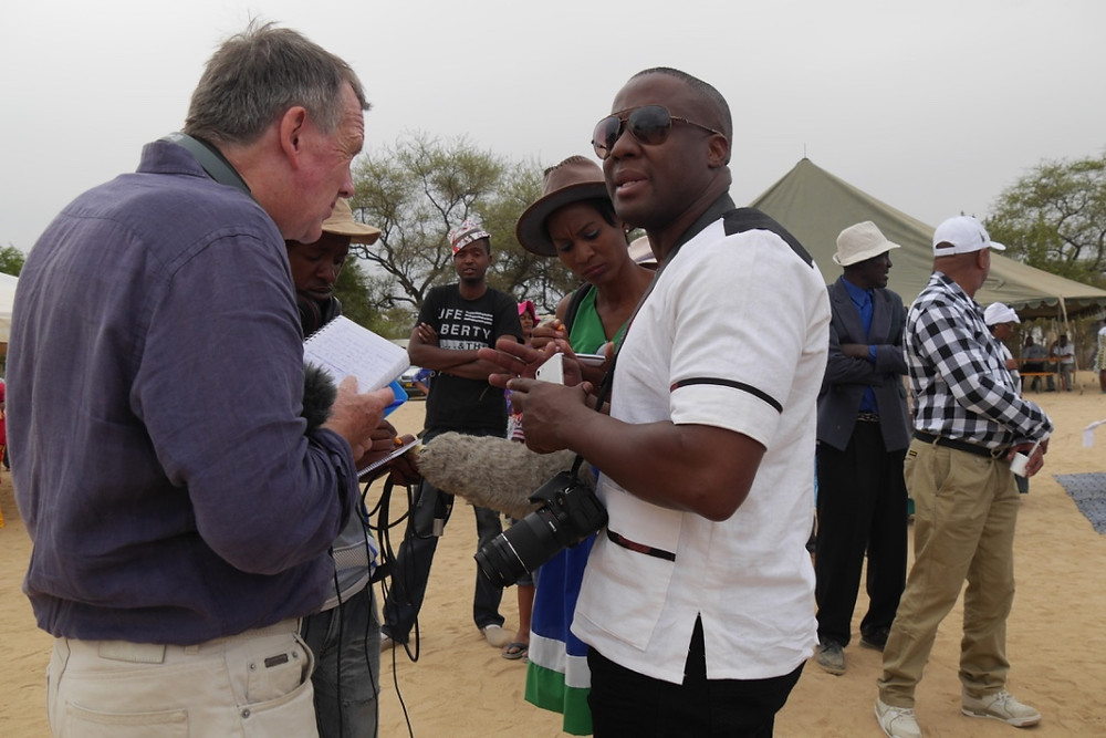 BBC journalist Robin Denselow with festival organiser and the two 'fixers' for FP engagement, Santjie Tsowases and George Garad (Photo: Angela Impey 051116)