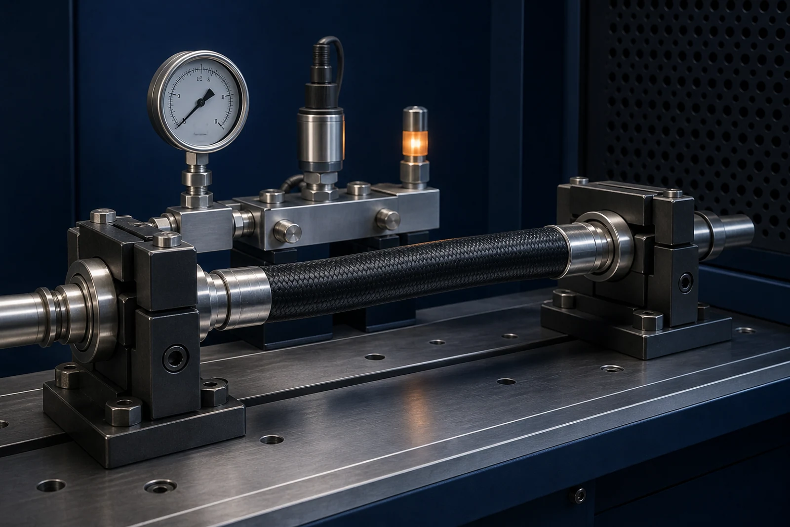 Representative technical visual: hose sample connected to a controlled test rig