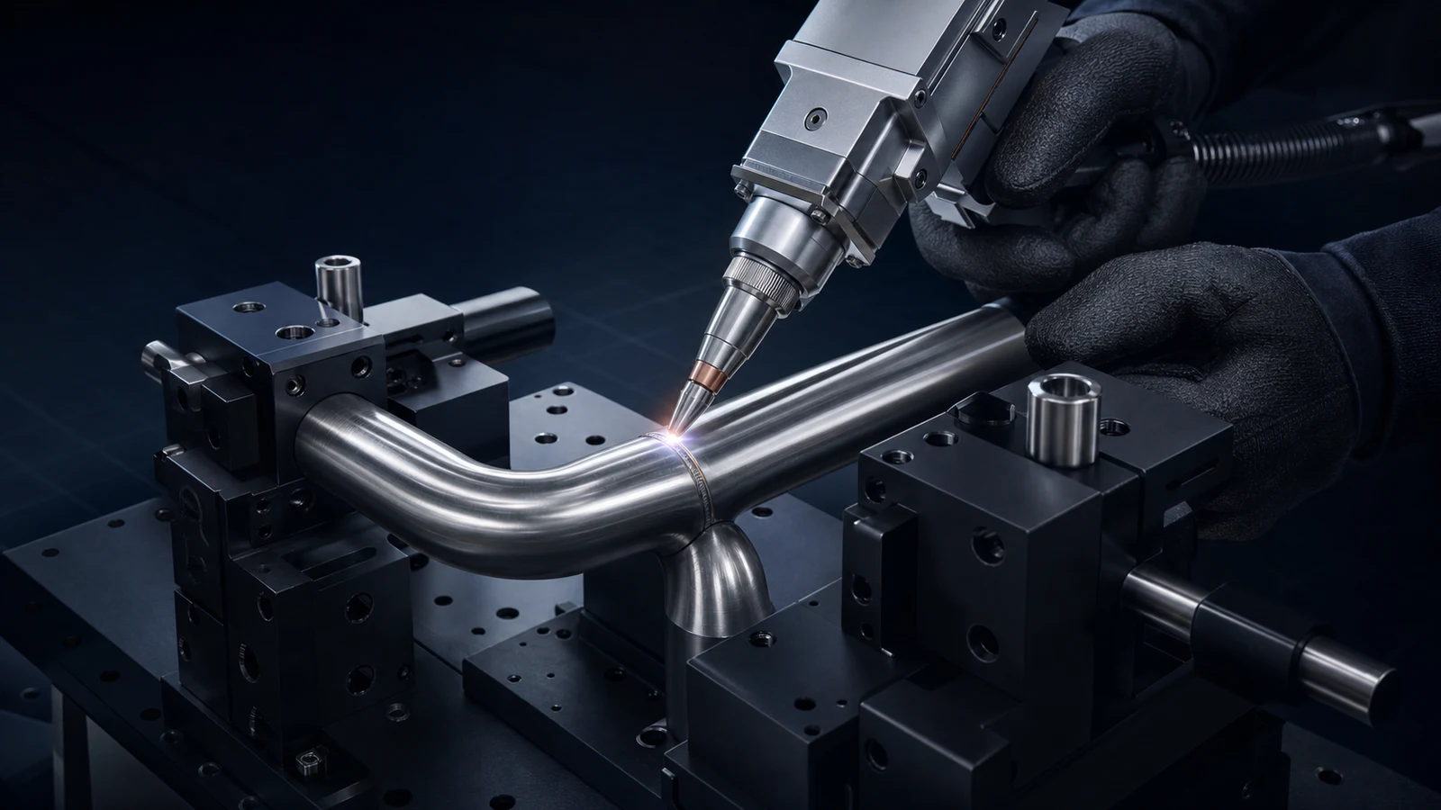 Representative technical illustration of laser welding on a fixtured metal tube