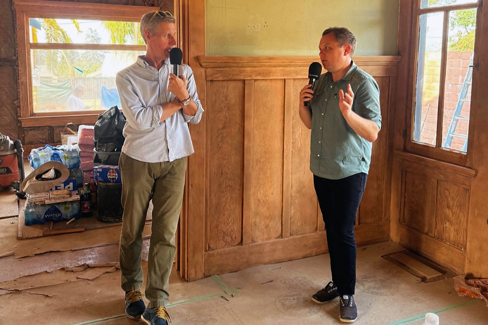 Marketplace's Kai Ryssdal with Omgivning's Morgan Sykes Jaybush in a recently moved historic craftsman