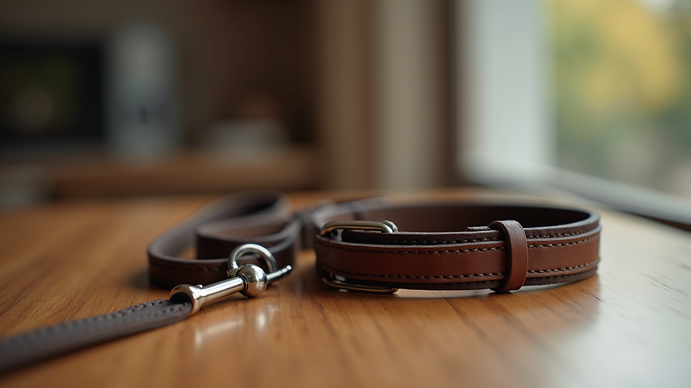 Eye-level view of a stylish dog collar and leash set on a wooden table