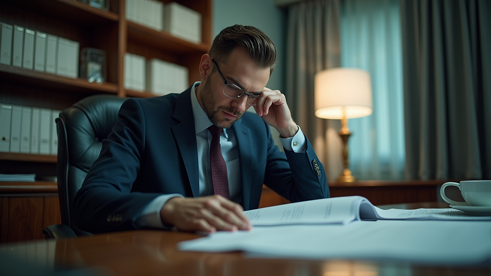 Eye-level view of a private investigator reviewing documents in an office