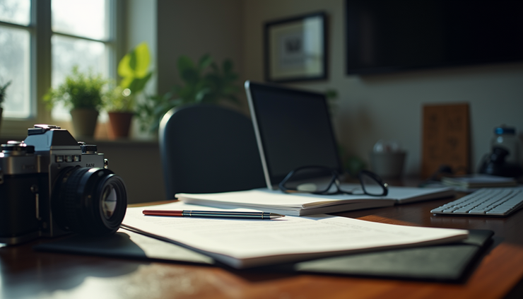 Eye-level view of a private investigator's workspace with files and surveillance equipment