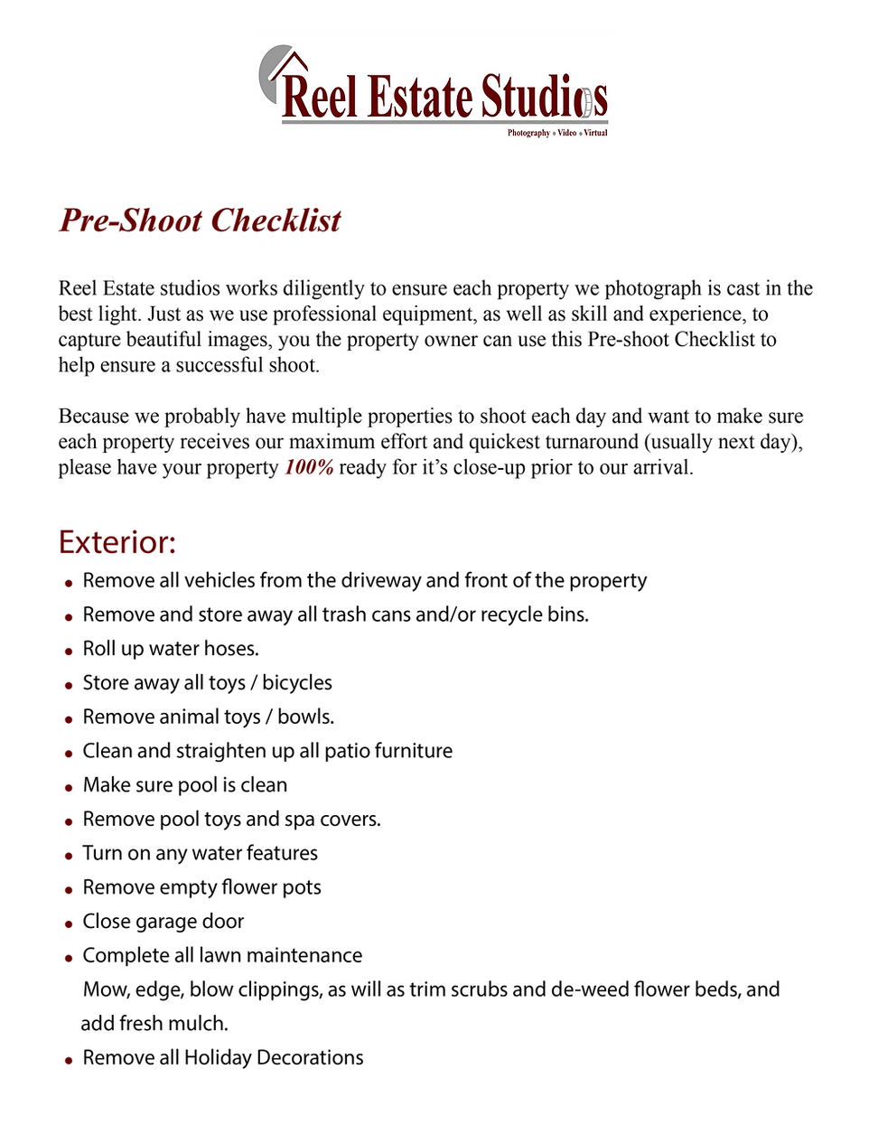 Pre-Shoot Checklist | Reel Estate Studios
