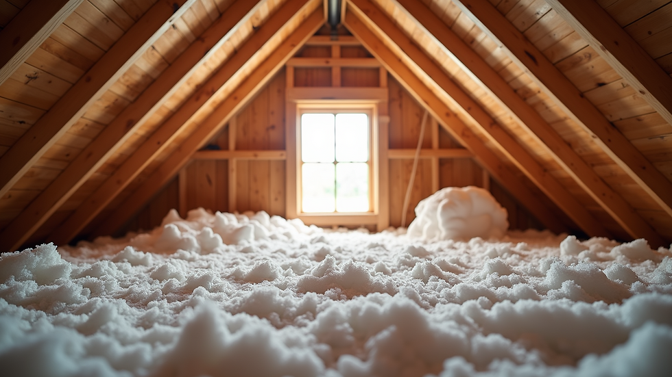Eye-level view of a well-insulated attic with fiberglass batts