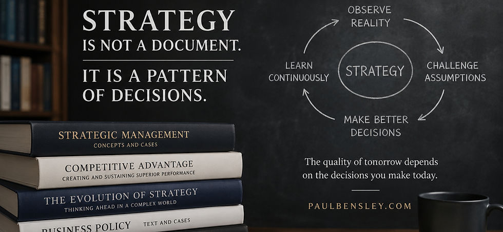 Academic strategy concept showing business strategy books, notebook and a strategy framework on a blackboard illustrating why business strategies fail, strategic decision-making and organisational performance.
