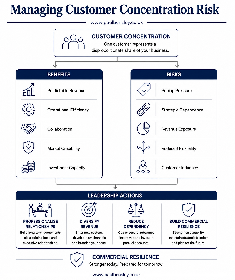 Diagram showing how businesses can manage customer concentration risk by balancing the benefits of key accounts with strategies to reduce dependency, protect margins and strengthen commercial resilience.