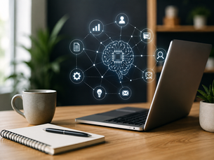 Small business workspace with laptop and AI technology network representing practical uses of artificial intelligence for business productivity, sales and growth.