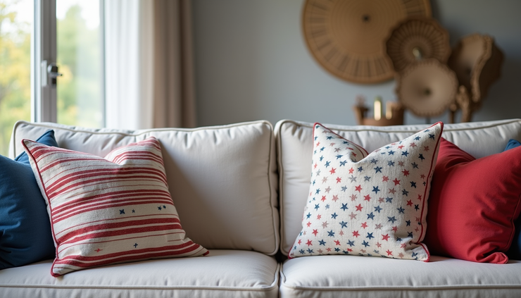 Eye-level view of a cozy living room with red, white, and blue throw pillows on a neutral sofa